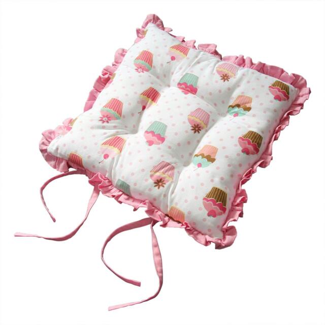 Homescapes Reversible Pink Frilled Cushion Seat Pad with Ties Cup Cakes - 40 x 40 cm