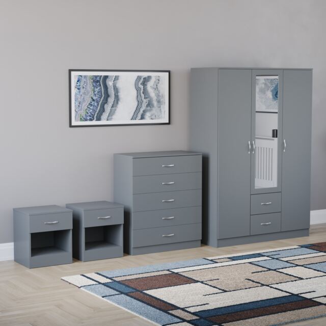 Vida Designs Riano 4 Piece Bedroom Set (2x 1 Drawer Bedside Chest, 5 Drawer Chest, 3 Door 2 Drawer Mirrored Wardrobe), Grey