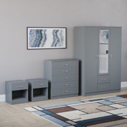 Vida Designs Riano 4 Piece Bedroom Set (2x 1 Drawer Bedside Chest, 5 Drawer Chest, 3 Door 2 Drawer Mirrored Wardrobe), Grey