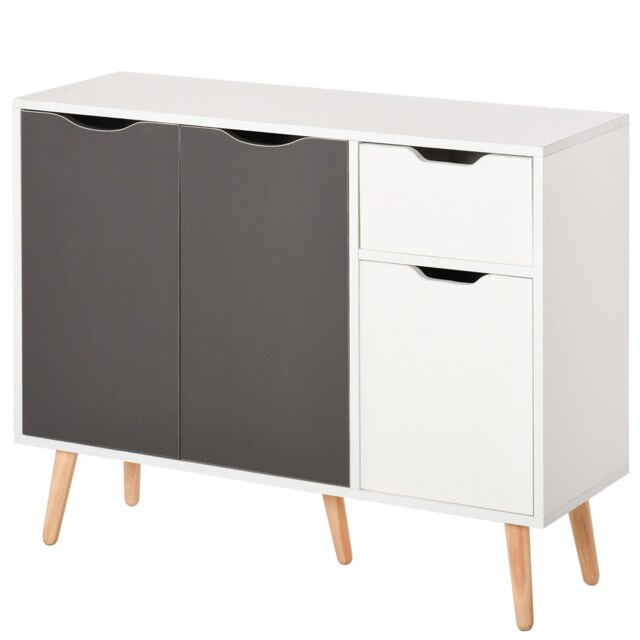 HOMCOM Sideboard Floor Standing Storage Cabinet with Drawer and Solid Wood Legs for Bedroom, Living Room, Home Office, Grey Grey Grey