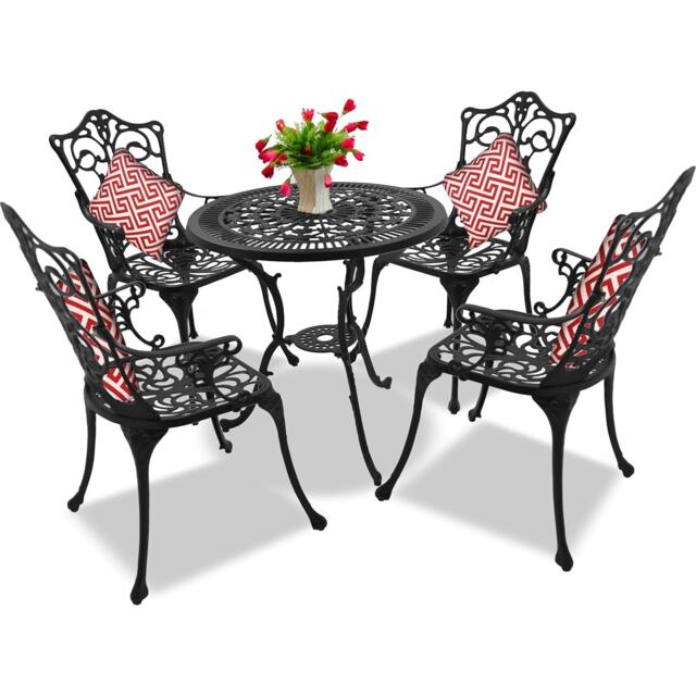 Centurion Supports TABREEZ Opulent Garden and Patio Table and 4 Large Chairs with Armrests Cast Aluminium Bistro Set - Black