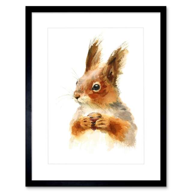 "Cute Red Squirrel Acorn Nut Watercolour 9x7"" Black Framed Wall Art Print"