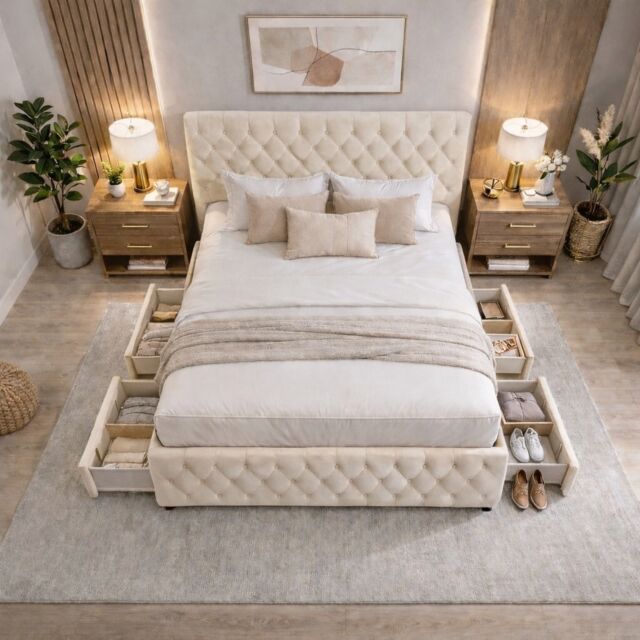 Chesterfield 2ft6 small single cream plush divan bed set storage 2 drawers left side laying in bed