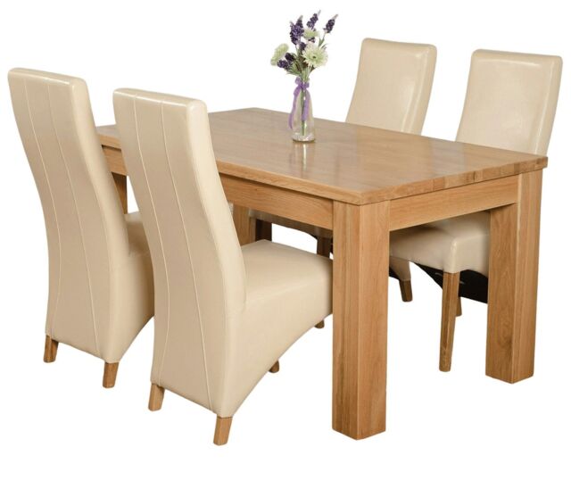 Dakota 152 x 87cm Medium Oak Dining Table and 4 Lola Leather Chairs Cream Cream