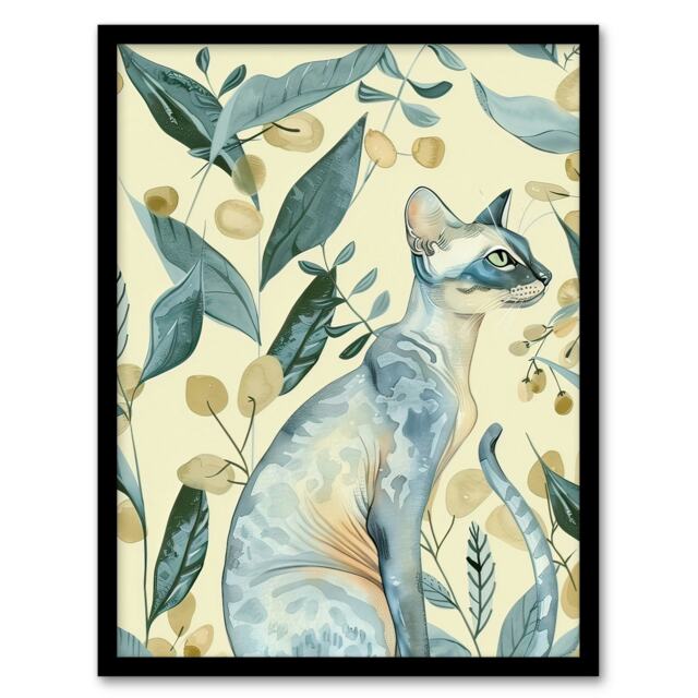 Cat Lover Teal Tan Oriental Shorthair Portrait Black Framed Wall Art Print A4