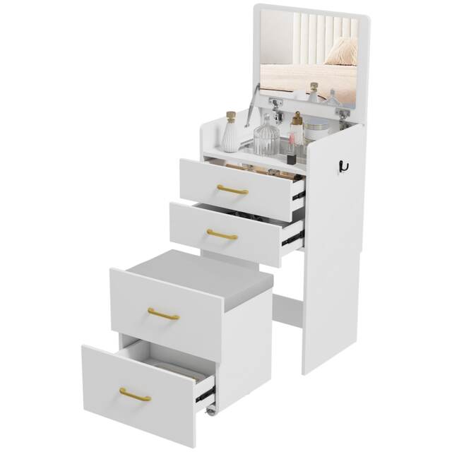 HOMCOM Two-Piece Dressing Table Vanity Desk with Mirror and Cushioned Stool White White