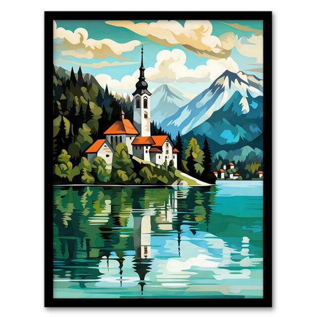 Lake Bled Vibrant Slovenia Island Home Decor Black Framed Wall Art Print A4