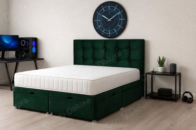 Cube Green Plush Foot Lift Ottoman Divan 4ft6 Double Bed Set Headboard and Mattress