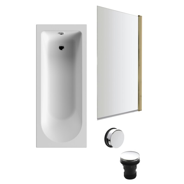 Round Single Ended Bath, Square Brushed Brass Screen and Chrome Waste-1700x700mm White