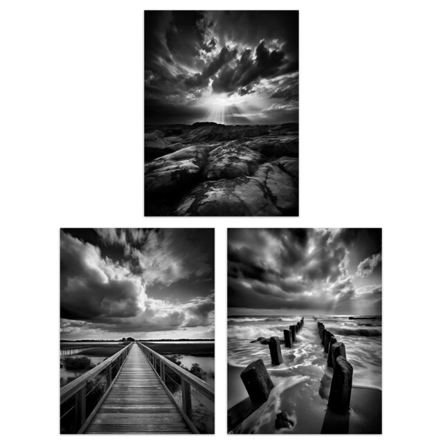 Set of 3 Atmospheric Clouds Black White Photographs Dramatic Coastal Landscapes Wall Art Prints 12X16 Inch