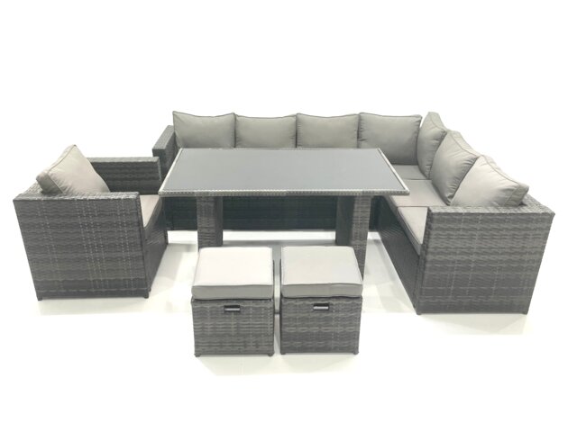 Fimous 8 Seater Outdoor Lounge Rattan Corner Sofa Set Garden Furniture Rectangular Dining Table Chair