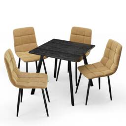 5-Piece Dining Set - 80cm Square Table and 4 Upholstered Velvet Chairs with Metal Legs Brown Black Wood & Curly Yellow 5
