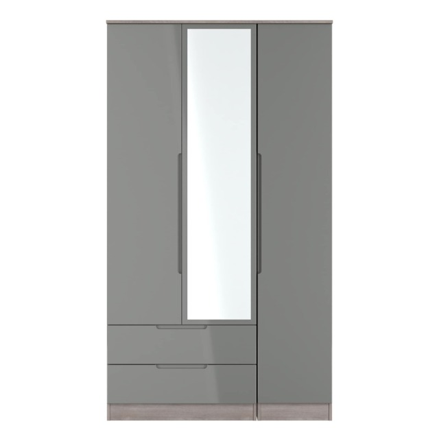 Lucca Tall 2 Drawer Tiple Mirrored Wardrobe in Grey Gloss & Grey Oak (Ready Assembled) Grey Grey Gloss & Grey Oak