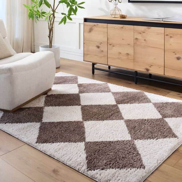 LIVABLISS Fossay Shaggy-Washable High Pile Diamond Rug 140 x 200 cm Beige Brown