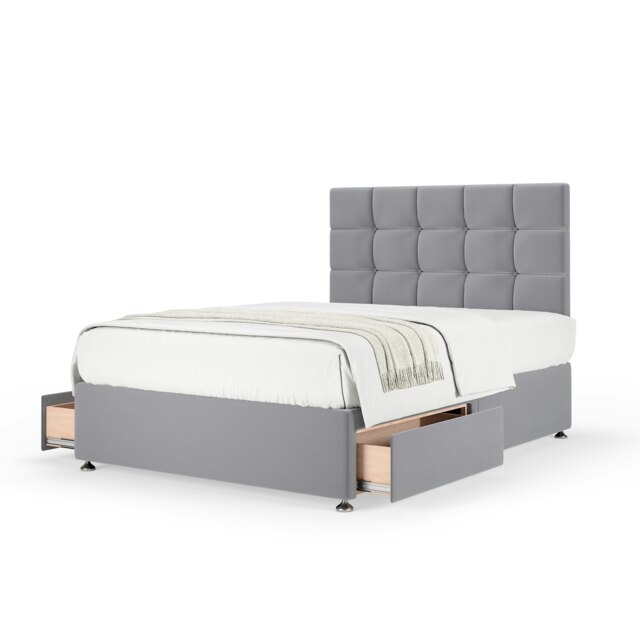 Memory Maestro Memory Foam Silver Plush Velvet 2 Drawer Divan Set And Pearl Headboard Single