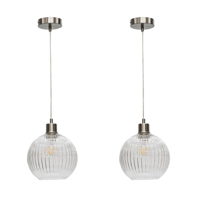 Set of 2 Betchley - Clear Ribbed Glass Globe with Satin Nickel Pendant Clear Clear ribbed glass with satin nickel plate detail Small 2