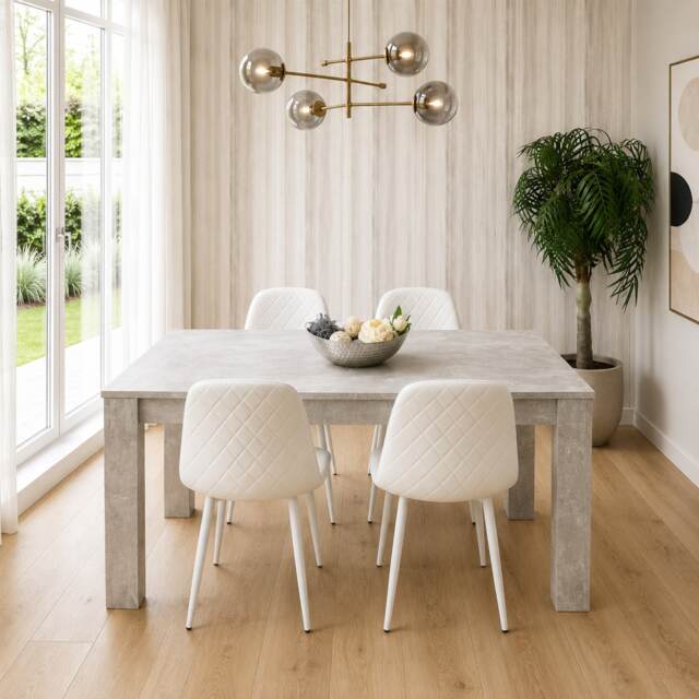 Stone Grey Effect Wood Dining Table Set with 4 White Gem Pattern Chairs Dining Room Furniture