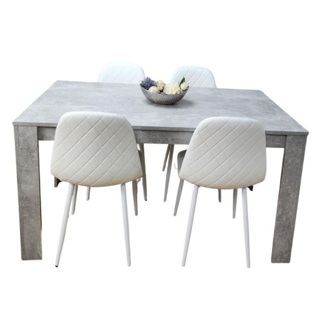 Stone Grey Effect Wood Dining Table Set with 4 White Gem Pattern Chairs Dining Room Furniture