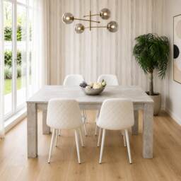 Stone Grey Effect Wood Dining Table Set with 4 White Gem Pattern Chairs Dining Room Furniture