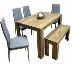 Wooden Dining Table Set for 6 Rustic Effect Table With 4 Grey Faux Leather Chairs and 1 Bench