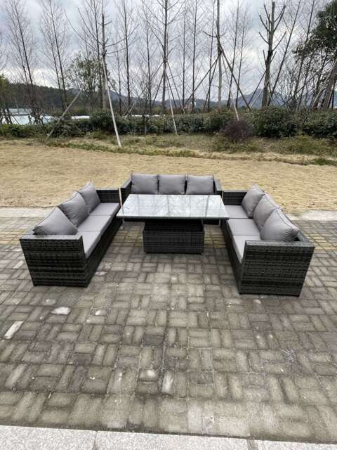 Fimous 9 Seater Outdoor Garden Furniture Rattan Sofa Set Adjustable Rising Lifting Dining Table Dark Grey Mixed