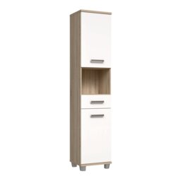 Veris Tall Narrow Bathroom Cupboard with 2 Doors & 1 Drawer in Sonoma Oak and White High Gloss