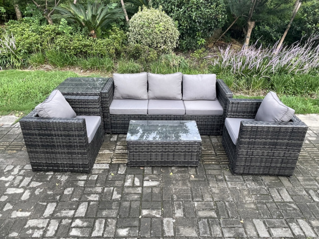 Fimous Rattan Garden Furniture Set with 3 Seater Sofa Coffee Table Side Table 2 Armchairs Indoor Outdoor Patio Lounge Sofa Set Dark Grey Mixed