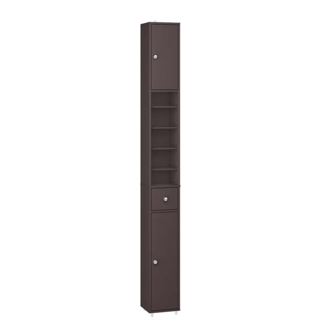 SoBuy Narrow Bathroom Column Cabinet with 2 Doors, 1 Drawer & 4 Adjustable Shelves, Dark Brown, 7.9x7.9x70.9 in, 10.8 kg - BZR34-II-BR