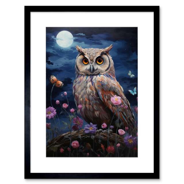 "Majestic Owl Portrait Great Horned Full Moon 9x7"" Black Framed Wall Art Print"