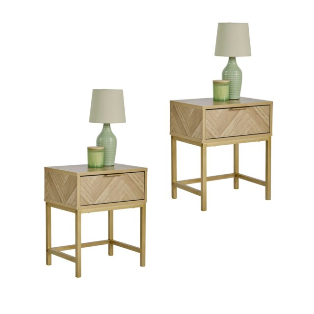 VonHaus Ducie Set of 2 Bedside Tables with Gold Frame and Herringbone Finish