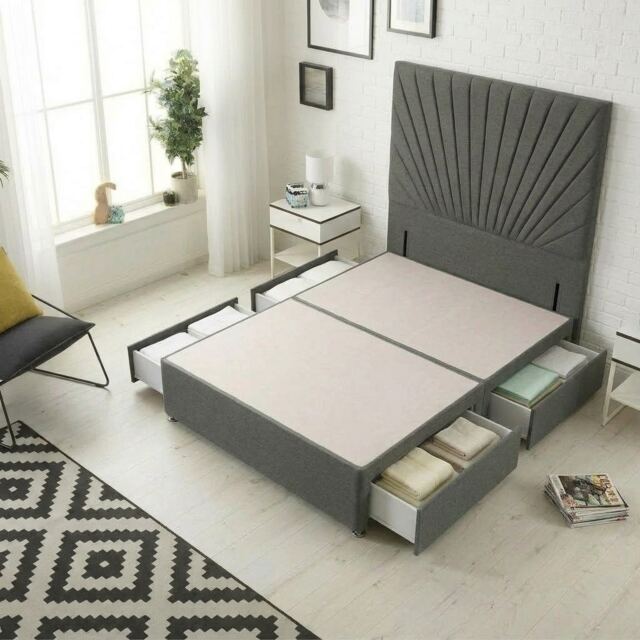 Sunburst Divan Bed with 4 Drawers & 54'' Floor Standing Headboard Tweed Fabric Grey Charcoal