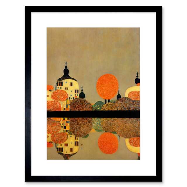 "Gustav Klimt Style Autumn Lakeside Town Church Reflection 9x7"" Black Framed Wall Art Print"