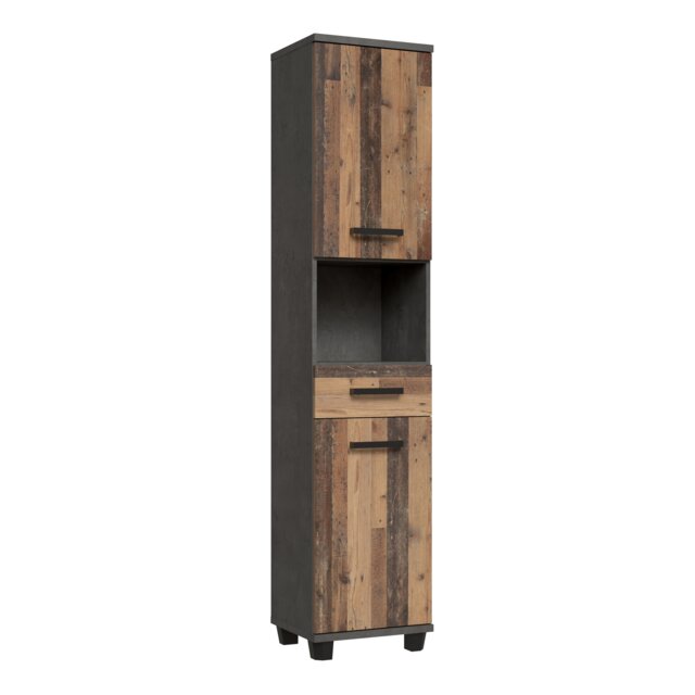 Veris Tall Narrow Bathroom Cupboard with 2 Doors & 1 Drawer in Walnut and Dark Grey