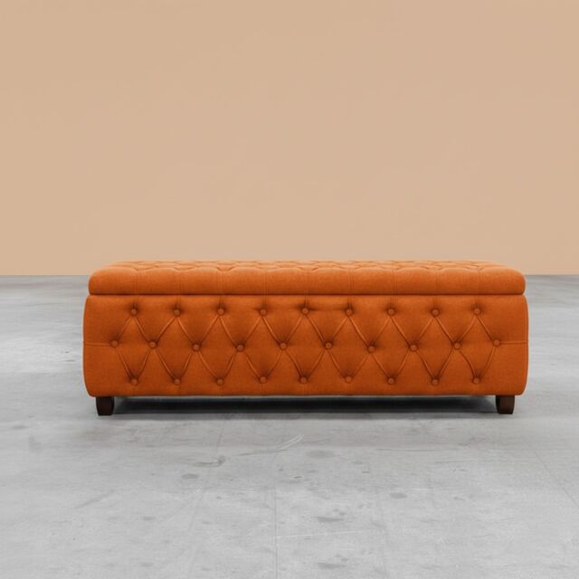 120cm Riga Ottoman Storage Box with Wooden Legs, Burnt Orange Velvet Upholstered Chesterfield Storage Ottoman Box