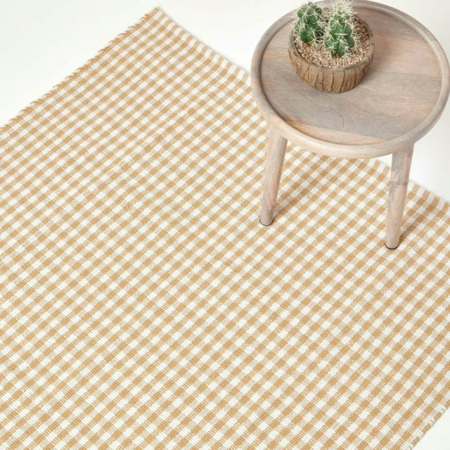 Homescapes Cotton Gingham Check Rug Hand Woven Beige White - 60 x 90 cm Cream Beige