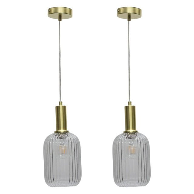 Set of 2 Batley - Clear Ribbed Glass Satin Brass Deco Pendant Fittings