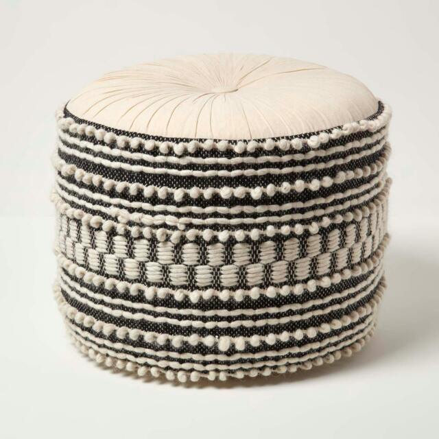Homescapes Priya Cream & Black Macrame Boho Pouffe