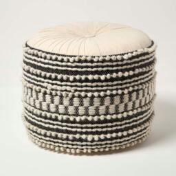 Homescapes Priya Cream & Black Macrame Boho Pouffe