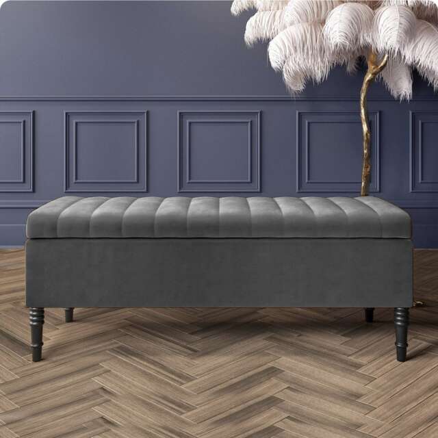 180cm Paris Striped Ottoman Storage Bench- Plush Velvet Shoe Bench - Steel Grey Upholstery Footstool with Storage