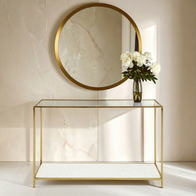 Interiors by Premier Stylish Gold Frame Console Table, Modern Console Table in Terrazzo Effect, Contemporary Design Hallway Table Gold