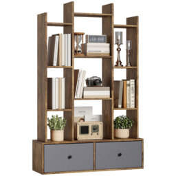 HOMCOM Tree Bookshelf, 12-Tier Floor Standing Bookcase with 2 Foldable Drawers, Freestanding Book Shelf Storage Display Shelving Unit for Living Room, Home Office, Bedroom, Rustic Brown