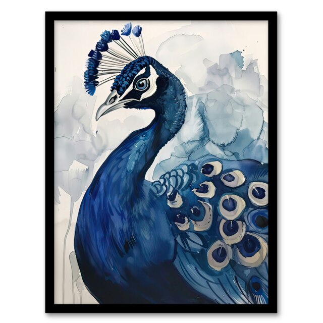Elegant Blue Peafowl Peacock Bird Watercolour Black Framed Wall Art Print A4