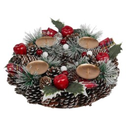 Christmas Wreath Candle Holder Centrepiece Arrangement Pinecones Berries Decor Multi Multicoloured 4 Candles - 27cm