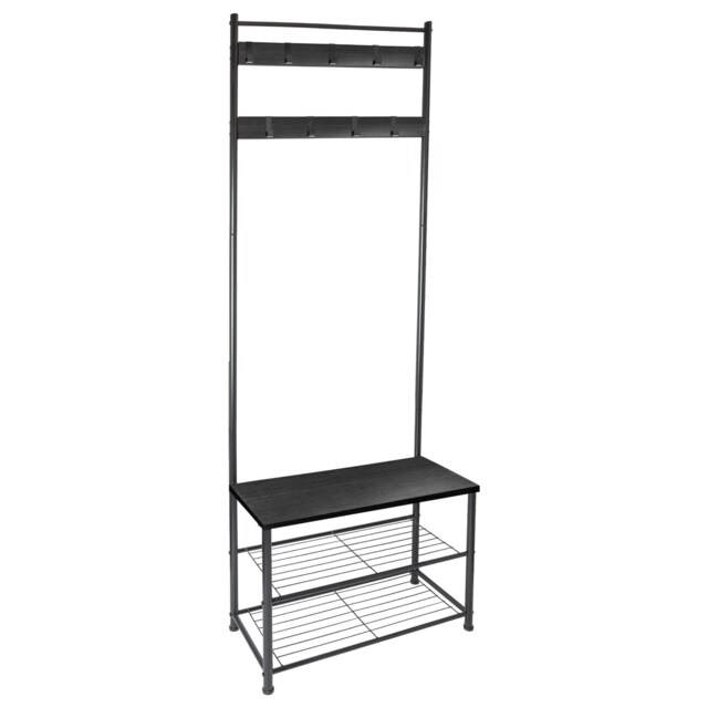Harbour Housewares Coat Rack with Shoe Storage Bench - Square Steel Frame - Hall Tree Coat Stand with 9 Hooks & Shoe Shelf Black Black/Black