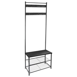 Harbour Housewares Coat Rack with Shoe Storage Bench - Square Steel Frame - Hall Tree Coat Stand with 9 Hooks & Shoe Shelf Black Black/Black