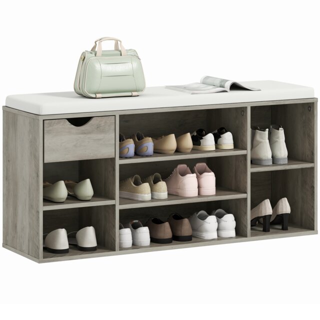 HOMCOM Shoe Bench with Seat Cushion Shoe Storage Cabinet with 7 Compartments Drawer Adjustable Shelves for Entryway Hallway Living Room, Grey Grey Grey