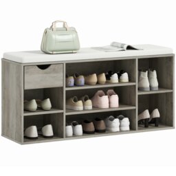 HOMCOM Shoe Bench with Seat Cushion Shoe Storage Cabinet with 7 Compartments Drawer Adjustable Shelves for Entryway Hallway Living Room, Grey