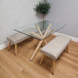 KOSY KOALA 4 Seater Forest Rectangle Tempered Glass Dining Table Set with 2 Beige Benches and Wood Effect X Shaped Metal Legs for Kitchen & Dining Room