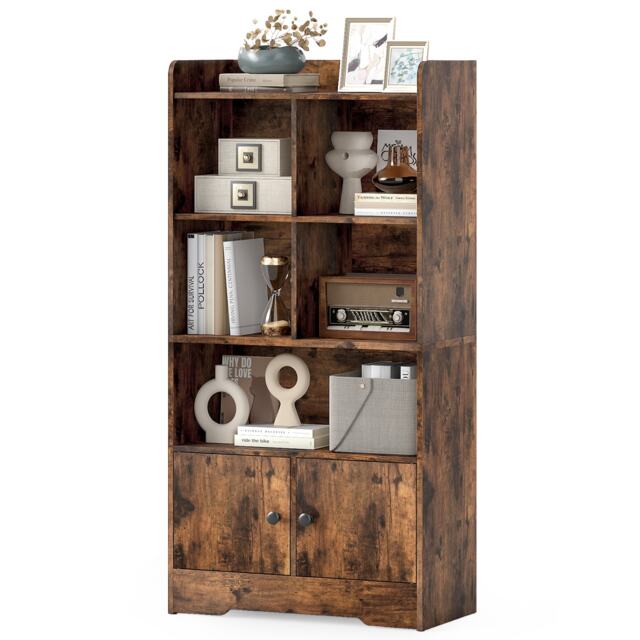 COSTWAY Bookshelf Freestanding Bookcase with Doors & 2 Storage Cabinets Coffee