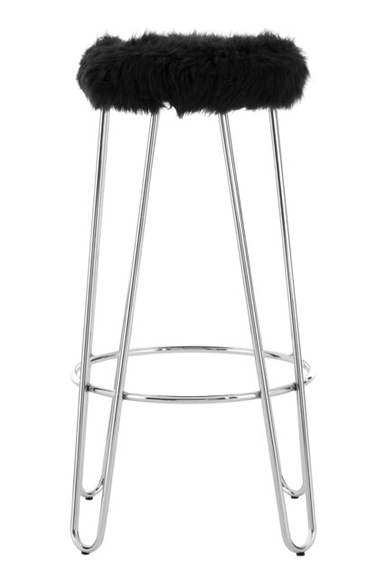 Orsina Chrome Metal and Black Faux Fur Bar Stool, Hairpin Round Stool, Plush Fur Stool for Kitchen Counter, Bar